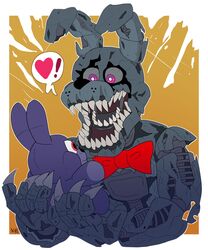  2018 :o animatronic anthro big_bow_tie big_mouth_(anatomy) big_teeth black_nose bonnie_(fnaf) border bow_tie claws exclamation_point exposed_endoskeleton five_nights_at_freddy&#039;s five_nights_at_freddy&#039;s_4 grey_body grey_ears grey_sclera gums half-length_portrait happy heart_symbol hi_res holding_object holding_plushie holding_toy lagomorph leporid long_ears looking_down machine male mammal metal metallic metallic_body monster multicolored_ears nightmare_bonnie_(fnaf) notched_ear o_o open_mouth orange_background pink_eyes plush_bonnie_(fnaf) plushie portrait purple_body purple_ears rabbit raised_arm red_bow_tie red_eyes robot scottgames sharp_teeth simple_background size_difference smile snazzamazing solo speech_bubble surprised_expression teeth torn_arm torn_body torn_face torn_hand toy two_tone_ears white_border wide_eyed 