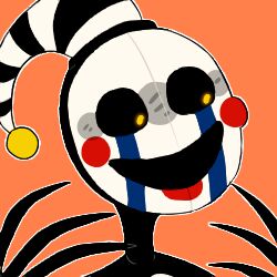  1:1 2018 :d alternate_version_at_source ambiguous_gender animate_inanimate big_pupils black_body black_sclera claws close-up clothing dilated_pupils facial_markings five_nights_at_freddy&#039;s freddy_fazbear&#039;s_pizzeria_simulator glowing glowing_eyes hat head_markings headgear headwear humanoid icon lipstick long_fingers long_hat looking_aside looking_away low_res makeup markings multicolored_body not_furry o_o open_mouth orange_background pattern_clothing pattern_hat pattern_headgear pattern_headwear portrait pupils puppet raised_arm red_lipstick rosy_cheeks scottgames security security_puppet_(fnaf) simple_background smile snazzamazing solo striped_clothing striped_hat striped_headgear striped_headwear stripes tear_(marking) thumbnail white_body wide_eyed yellow_eyes 