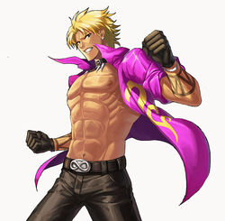  1boy abs bad_id bad_pixiv_id belt belt_buckle black_belt black_gloves black_pants blonde_hair buckle clenched_teeth collar collared_shirt commentary_request cowboy_shot dark-skinned_male dark_skin gloves jacket looking_at_viewer male_focus muscular muse_(rainforest) navel nipples open_clothes pants pectorals photoshop_(medium) purple_shirt ribs shen_woo shirt sleeves_rolled_up solo tattoo teeth the_king_of_fighters 