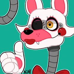  1:1 1_eye 2018 alternate_version_at_source animatronic anthro bust_portrait canid canine close-up exposed_endoskeleton eyelashes fangs female five_nights_at_freddy&#039;s five_nights_at_freddy&#039;s_2 fox fur gesture green_background grey_body hand_gesture icon lipstick looking_away low_res machine makeup mammal mangle_(fnaf) metal metallic metallic_body multicolored_ears orange_eyes overbite pink_ears portrait red_lipstick robot rosy_cheeks scottgames sharp_teeth simple_background smile snazzamazing solo teeth thumbs_up white_body white_ears white_fur 