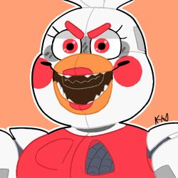  &gt;:d 1:1 2018 alternate_version_at_source animatronic anthro avian beak big_beak bird breasts bust_portrait chicken close-up eyebrows eyelashes female five_nights_at_freddy&#039;s freddy_fazbear&#039;s_pizzeria_simulator funtime_chica_(fnaf) galliform gallus_(genus) hair icon lipstick looking_away low_res machine makeup multicolored_body non-mammal_breasts open_mouth orange_background orange_beak phasianid pink_body pink_eyebrows pink_eyes pink_lipstick portrait robot rosy_cheeks scottgames sharp_teeth short_hair simple_background smile snazzamazing solo teeth white_body white_hair wire 