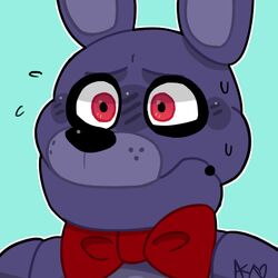  1:1 2018 alternate_version_at_source animatronic anthro black_nose blue_background bodily_fluids bonnie_(fnaf) bow_tie bust_portrait close-up five_nights_at_freddy&#039;s frown icon lagomorph leporid long_ears looking_away low_res machine male mammal multicolored_body multicolored_ears nervous nervous_sweat portrait purple_body purple_ears rabbit reaction_image red_bow_tie red_eyes robot scottgames simple_background snazzamazing solo sweat two_tone_body two_tone_ears 