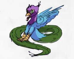  amplitude apode avian_feet beak blue_body couatl draconcopode feathered_scalie feathered_snake feathered_wings feathers feral green_eyes gyro_feather gyrotech hi_res lamia legless male pink_body reptile scalie serpentine snake solo split_form wings 