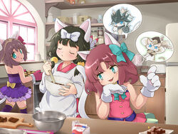  3girls animal_ears animal_hands apron aqua_bow aqua_eyes black_hair bow bowl brown_hair cat_ears cat_girl cat_tail chocolate chocolate_making closed_eyes cutting_board d&#039;artanyan_(nyanko_daisensou) dress gao_(nyanko_daisensou) gloves hairbow highres holding holding_bowl indoors japanese_clothes kappougi kimono looking_at_viewer looking_back mitama_(nyanko_daisensou) mixing mixing_bowl moneko_(nyanko_daisensou) multiple_girls neneko_(nyanko_daisensou) nyanko_daisensou open_mouth osandon paw_gloves pink_dress pink_gloves purple_dress purple_legwear red_bow sakuragi_yuuki short_hair smile spatula speech_bubble strapless strapless_dress tail thick_eyebrows thighhighs white_bow white_gloves 