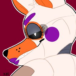  1:1 2018 alternate_version_at_source animatronic anthro big_ears black_nose black_sclera bust_portrait canid canine close-up eyelashes female five_nights_at_freddy&#039;s five_nights_at_freddy&#039;s_world fox fur glowing glowing_eyes half-closed_eyes icon lipstick lolbit_(fnaf) looking_at_viewer looking_back looking_back_at_viewer low_res machine makeup mammal multicolored_ears narrowed_eyes orange_ears portrait purple_lipstick red_background robot rosy_cheeks scottgames simple_background sister_location smug snazzamazing solo white_body white_ears white_eyes white_fur 