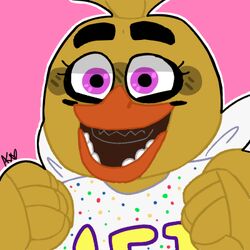  1:1 2018 alternate_version_at_source animatronic anthro avian beak bib big_beak bird black_eyebrows blonde_hair bust_portrait chica_(fnaf) chicken close-up english_text eyebrows eyelashes female fist five_nights_at_freddy&#039;s galliform gallus_(genus) hair happy icon looking_away low_res machine open_mouth orange_beak phasianid pink_background portrait purple_eyes raised_arm robot scottgames short_hair simple_background smile snazzamazing solo teeth text yellow_body 