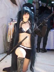  anime bikini black_hair black_rock_shooter_ blue_eyes blue_hair cosplay ecchi girl katana manga miku mizugi sexy shorts tagme vocaloid 