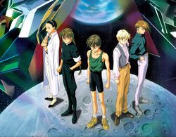  5boys bike_shorts chang_wufei duo_maxwell gundam gundam_wing heero_yui heero_yuy male male_focus multiple_boys murase_shuko quatre_raberba_winner tank_top trowa_barton 