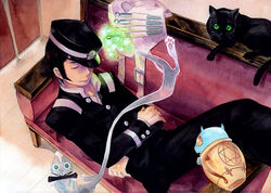  1boy agathion_(megami_tensei) bad_id bad_pixiv_id black_cat black_hair commentary_request devil_summoner_(series) feline gif365 gouto hat kuzunoha_raidou male_focus photoshop_(medium) shin_megami_tensei sideburns sleeping 