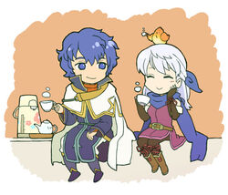  1boy animal animal_on_head bare_shoulders bird bird_on_head black_gloves black_pantyhose blue_eyes blue_hair blue_scarf cape chibi commentary_request cup dress elbow_gloves female fingerless_gloves fire_emblem fire_emblem:_radiant_dawn gloves hair_ribbon half_updo hand_on_own_cheek hand_on_own_face kagelantern long_hair micaiah_(fire_emblem) on_head pantyhose pelleas_(fire_emblem) ribbon robe scarf side_slit simple_background sleeveless sleeveless_dress smile tea teacup white_hair yune_(fire_emblem) 