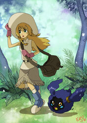  2016 adjusting_clothes adjusting_hat artist_name bag blonde_hair braid cosmog digimon digimon_adventure dress erupan film_grain full_body gloves green_eyes hat highres lillie_(pokemon) long_hair parody pink_gloves pokemon pokemon_(creature) pokemon_(game) pokemon_sm signature style_parody sun_hat tree yellow_eyes 