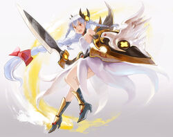  armor boots braid commentary_request dress female hair_ornament hair_ribbon high_heels highres light_valkyrie_(p&amp;d) photoshop_(medium) pointy_ears puzzle_&amp;_dragons red_eyes ribbon shield shirokichi shoes skirt solo sword tri_braids tri_tails valkyrie valkyrie_(p&amp;d) weapon white_dress white_hair wings 