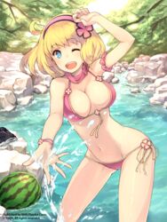  ahoge arm_up bad_id bikini blonde_hair blue_eyes breasts cleavage cosette_coalhearth cowboy_shot female food foreshortening forest fruit groin hairband halterneck keypot large_breasts looking_at_viewer midriff nature navel one_eye_closed open_mouth outdoors rock senjou_no_valkyria_(series) senjou_no_valkyria_2 short_hair side-tie_bikini_bottom smile solo splashing stream string_bikini swimsuit tree watermark watermelon 