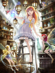  5girls barefoot bird blonde_hair blue_eyes blue_hair bottle commentary_request dress fairy fairy_wings flower green_eyes green_hair hair_flower hair_ornament hair_ribbon highres jewelry lace lace_trim ladder lantern multiple_girls necklace orange_hair original photoshop_(medium) pointy_ears potion purple_eyes red_eyes red_hair ribbon shelf shirokichi size_difference sparkle twintails white_dress wings 