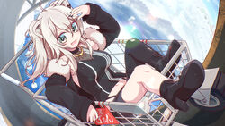  animal_ear_fluff animal_ears black_footwear black_jacket black_nails boots breasts cleavage cxe fangs female fur_trim grey_eyes grey_hair hair_between_eyes halterneck hand_on_own_head high_heel_boots high_heels highres hololive in_shopping_cart jacket lion_ears lion_girl long_hair medium_breasts navel off_shoulder open_mouth pantyhose see-through see-through_cleavage shishiro_botan shishiro_botan_(1st_costume) shopping_cart single_leg_pantyhose sitting solo tail torn_clothes torn_pantyhose trials_(series) trials_rising virtual_youtuber 