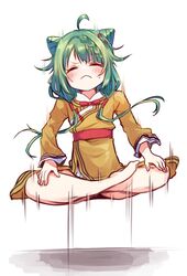  :&lt; ahoge barefoot belt blush bow bowtie braid braided_bangs closed_eyes closed_mouth cone_hair_bun damenano104 double_bun female floating full_body green_hair hair_bun hands_on_own_legs heruka_(madoka_magica) highres long_hair long_sleeves lotus_position magia_record:_mahou_shoujo_madoka_magica_gaiden mahou_shoujo_madoka_magica mandarin_collar no_nose red_belt red_bow red_bowtie side_up_bun simple_background sitting solo sweat twintails very_long_hair white_background yellow_tunic 