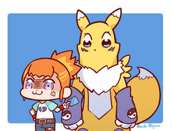  :3 anger_vein artist_name belt bkub_(style) blue_background blue_card blue_eyes border broken_heart_print brown_belt card chibi chinese_commentary closed_mouth commentary digimon digimon_(creature) digimon_tamers female furry furry_female hand_on_own_hip holding holding_card kariki_hajime looking_at_another looking_to_the_side makino_ruki orange_hair outside_border pants parody photoshop_(medium) ponytail print_shirt purple_eyes raglan_sleeves renamon shirt short_hair short_sleeves signature simple_background standing style_parody white_border 