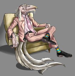  anthro avian balding beak big_beak bird bottomwear clothing corvid corvus_(genus) crow feathers footwear male mature_male necktie oscine pants passerine r4t1cky shoes sitting socks solo vein zadkiel 