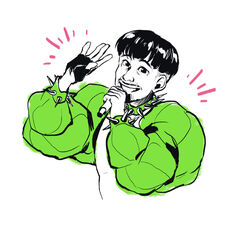  1boy bowl_cut collar commentary cropped_jacket cropped_torso down_jacket english_commentary eurovision_song_contest facial_hair fingerless_gloves gloves green_collar grin hand_up holding holding_microphone jacket kaarija limited_palette long_sleeves looking_at_viewer male_focus microphone real_life short_hair simple_background smile solo spiked_collar spikes topless_male tuherrus upper_body very_short_hair white_background 