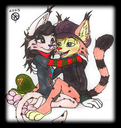  anthro bobcat bonkers_d._bobcat bradley_khonest duo felid feline female gender_transformation hi_res hug imp lynx makrosh_lynx male male/female mammal marker_(artwork) rule_63 traditional_media_(artwork) transformation young 