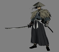  1boy ajirogasa beard black_footwear black_gloves bracer clenched_hand commentary facial_hair full_body gloves grey_background hat holding holding_sword holding_weapon japanese_clothes katana long_hair male_focus original photoshop_(medium) rice_hat ronin samurai solo straw_cape suzushiro_(suzushiro333) sword weapon 