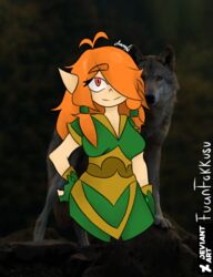  brawlhalla canid canine canis clothing digital_media_(artwork) dress duo elf ember_(brawlhalla) female feral fingerless_gloves fuanfokkusu gloves hair hair_over_eye half-length_portrait hand_on_hip handwear hi_res human humanoid humanoid_pointy_ears looking_at_viewer mammal one_eye_obstructed orange_hair outside photo_background photography_(artwork) portrait smile wolf 