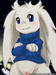  absurd_res anthro blue_clothing blue_eyes blue_topwear bottomless cave_story clothed clothing crossed_arms detailed_background female fur hi_res lagomorph looking_at_viewer mammal mimiga patreon patreon_logo scar smile solo standing sue_sakamoto sweatshirt text topwear url white_body white_fur winick-lim 