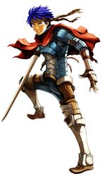  1boy blue_eyes blue_hair cape fire_emblem fire_emblem:_path_of_radiance fire_emblem_awakening full_body headband ike_(fire_emblem) kaneda_eiji male_focus official_art simple_background solo sword weapon white_background 