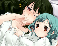  2girls ^^^ age_difference bad_id bad_pixiv_id blush breasts brown_eyes commentary_request dominura_(simoun) grabbing grabbing_another&#039;s_breast green_hair kiryuu_aoko limone_(simoun) long_hair medium_breasts multiple_girls one_eye_closed onee-loli red_eyes short_hair simoun wince yuri 