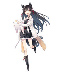  animal_ear_fluff animal_ears bare_shoulders black_dress black_footwear black_hair blush boots brown_eyes camisole cardigan commentary_request dress female flower fox_ears fox_tail full_body hair_flower hair_ornament highres jewelry knee_boots kuromitsu_nene long_hair looking_at_viewer necklace oerba_yun_fang open_cardigan open_clothes open_mouth original poco_(asahi_age) running short_dress sidelocks simple_background smile solo tail very_long_hair white_background yellow_eyes 