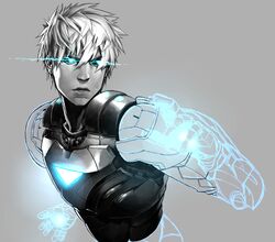  1boy bad_id bad_pixiv_id black_sclera blue_theme cibacibaciba3 colored_sclera cyborg genos glowing glowing_eyes grey_background iron_man male_focus marvel monochrome one-punch_man solo 