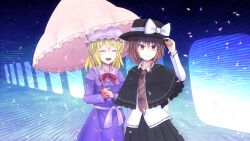  2girls absurdres bad_id bad_pixiv_id black_capelet black_skirt blonde_hair blush bow brown_eyes brown_hair capelet cherry_blossoms closed_eyes dress frilled_capelet frills hand_on_headwear hat hat_tip highres long_hair long_sleeves maribel_hearn multiple_girls necktie open_mouth petals pleated_skirt ribbon-trimmed_capelet ribbon-trimmed_sleeves ribbon_trim sanuki_(zigzagflamberge) short_hair skirt smile touhou umbrella usami_renko 