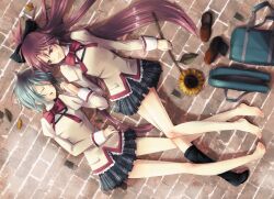  2girls bag barefoot black_socks blue_hair bow commentary_request feet flower full_body holding holding_flower holding_hands interlocked_fingers kneehighs long_hair lying mahou_shoujo_madoka_magica mahou_shoujo_madoka_magica_(anime) miki_sayaka mitakihara_school_uniform multiple_girls on_ground open_bag photoshop_(medium) ponytail red_hair sakura_kyoko school_uniform shoes short_hair single_barefoot single_sock skirt socks sunflower toes unworn_shoes unworn_socks uta-i 