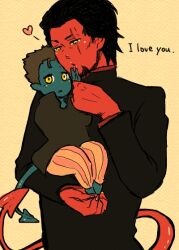  2boys age_difference azazel azazel_(marvel) black_hair black_shirt blue_skin carry carrying father_and_son heart male male_focus marvel multiple_boys nightcrawler pants pixiv_thumbnail red_skin shirt size_difference striped striped_pants tail x-men yellow_eyes 