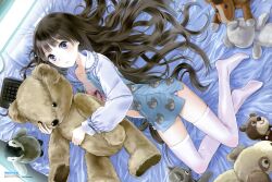  absurdres animal_print bear_print black_hair blue_eyes computer_keyboard doll female hair_spread_out highres hugging_doll hugging_object kami-sama_no_memo-chou kishida_mel legs long_hair lying newtype official_art on_side open_clothes open_shirt pajamas scan shionji_yuuko solo stuffed_animal stuffed_cat stuffed_dog stuffed_horse stuffed_penguin stuffed_toy teddy_bear thighhighs very_long_hair white_thighhighs zettai_ryouiki 