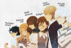  3boys 3girls accelerator_(toaru_majutsu_no_index) albino alternate_height bad_id bad_pixiv_id black_hair blonde_hair brown_eyes brown_hair brown_sweater_vest choker elbow_gloves emblem frown gloves grin group_picture group_profile hair_ornament hair_over_eyes hairpin headband jacket jacket_on_shoulders kakine_teitoku level_5_(toaru) lineup long_hair medium_hair misaka_mikoto mtmt_mtmt mugino_shizuri multiple_boys multiple_girls open_clothes open_jacket profile red_eyes school_emblem school_uniform shirt shokuhou_misaki short_sleeves smile sogiita_gunha star-shaped_pupils star_(symbol) striped_clothes striped_shirt summer_uniform sweater_vest symbol-shaped_pupils toaru_majutsu_no_index tokiwadai_school_uniform uniform white_gloves white_hair white_jacket yellow_eyes 