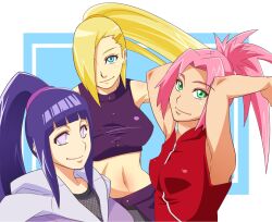  3girls alternate_hairstyle blonde_hair blue_eyes blue_hair commentary_request covered_nipples green_eyes hair_over_one_eye highres hyuuga_hinata ino_yamanaka long_hair looking_at_viewer midriff multiple_girls naruto_(series) naruto_shippuuden navel no_pupils pink_hair purple_eyes sakura_haruno sunahara_wataru 