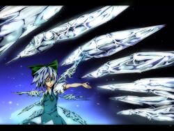  artistic_error blue_dress blue_hair bow cirno commentary_request dress female glowing glowing_eyes green_eyes hairbow ice icicle letterboxed neck_ribbon outstretched_arm potato_pot ribbon short_hair solo touhou wings 