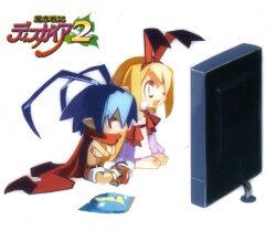  1boy blonde_hair blue_hair chibi chips_(food) crossed_arms demon_boy disgaea fallen_angel female flonne food happy harada_takehito laharl long_hair makai_senki_disgaea_2 official_art photoshop_(medium) pointy_ears red_eyes scan scarf sitting television 