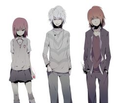  2boys accelerator_(toaru_majutsu_no_index) albino alternate_height bad_id bad_pixiv_id black_choker brown_hair brown_sweater_vest choker electrodes emblem female hair_ornament hairpin hands_in_pockets highres kakine_teitoku medium_hair misaka_mikoto multiple_boys ogipote red_eyes red_lightning school_emblem school_uniform shirt skirt striped_clothes striped_shirt summer_uniform sweater_vest toaru_majutsu_no_index tokiwadai_school_uniform uniform white_hair 