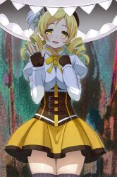  bad_id bad_pixiv_id blonde_hair blush charlotte_(madoka_magica) corset drill_hair female fingerless_gloves gloves hand_on_own_chest hat imminent_death magical_girl mahou_shoujo_madoka_magica mahou_shoujo_madoka_magica_(anime) mami_mogu_mogu ookuma_nekosuke photoshop_(medium) shadow shirt skirt smile spoilers striped_clothes striped_thighhighs teeth thighhighs tomoe_mami tomoe_mami_(magical_girl) twin_drills twintails vertical-striped_clothes vertical-striped_thighhighs waving yellow_eyes zettai_ryouiki 