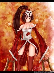  absurdres akali akali_(legacy) bad_link blood_moon_(league_of_legends) blood_moon_akali blush breasts brown_hair cheng cleavage female high_ponytail highres japanese_clothes leaf league_of_legends long_hair medium_breasts photoshop_(medium) ponytail red_eyes sleeves_past_wrists solo thighhighs very_long_hair weapon 