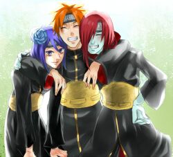  2boys azumaya blue_eyes blue_hair blue_skin cloak female flower gon_(er4gu3) headband konan multiple_boys nagato nagato_(naruto) naruto naruto_shippuuden orange_hair pixiv_thumbnail red_hair resized smile yahiko yahiko_(naruto) 