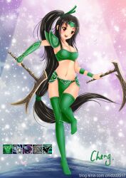  :d absurdres akali akali_(legacy) armor bad_link bikini_armor black_hair blush bracer breasts brown_eyes cheng cleavage dual_wielding female hair_ribbon high_ponytail highres holding kama_(weapon) league_of_legends loincloth long_hair medium_breasts open_mouth photoshop_(medium) ponytail ribbon sickle smile thighhighs very_long_hair weapon 