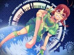  akizuki_ritsuko ball boots braid breasts brown_eyes brown_hair choker cleavage commentary_request dutch_angle female fingerless_gloves glasses gloves happy_birthday idolmaster idolmaster_(classic) kunishi_rei medium_breasts photoshop_(medium) pop_sound_blossom_(idolmaster) skirt smile solo twin_braids v 