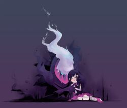  ambiguous_gender barefoot black_hair blue_eyes blush bottomwear closed_eyes clothing cuddling darkrai dawn_(pokemon) duo feet female generation_4_pokemon ghost hair hand_holding hug human legendary_pokemon long_hair looking_down lying mammal nintendo pokemon pokemon_(species) pokemon_trainer purple_background raised_arm shirt simple_background skirt spirit topwear ⓒambo 