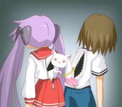  1boy :3 animal_ears bad_id bad_pixiv_id baka_to_test_to_shoukanjuu bow brown_hair cosplay crossover female hairbow hiiragi_kagami katou_emiri kigurumi kinoshita_hideyoshi kyuubee long_hair lucky_star mahou_shoujo_madoka_magica mahou_shoujo_madoka_magica_(anime) miri_q otoko_no_ko purple_hair ryouou_school_uniform school_uniform serafuku tail twintails unzipped voice_actor_connection zipper 