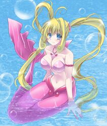  bikuto_ryuu blonde_hair blue_eyes commentary_request earrings female jewelry long_hair mermaid mermaid_melody_pichi_pichi_pitch monster_girl nanami_lucia nanami_lucia_(mermaid) photoshop_(medium) shell shell_bikini shell_earrings solo twintails 