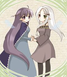  2girls braid braids fire_emblem fire_emblem:_fuuin_no_tsurugi fire_emblem_fuuin_no_tsurugi flower hair_ornament hairpin hand_holding heterochromia idoun lowres multiple_girls pointy_ears purple_eyes purple_hair silver_hair sofiya sophia sophia_(fire_emblem) wings 