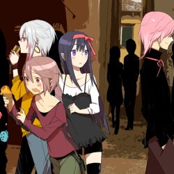  2boys akemi_homura androgynous blush casual commentary_request female food genderswap_(ftm) ice_cream kaname_madoka kaname_tatsuya kurono_yuu kyuubee long_hair looking_at_another mahou_shoujo_madoka_magica mahou_shoujo_madoka_magica_(anime) multiple_boys personification profile rule_63 silhouette tears teenage thighhighs ultimate_madoka 